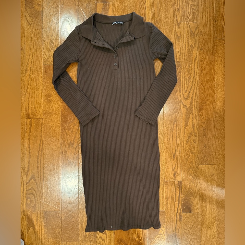 Zara Brown Ribbed Long Sleeve Dress